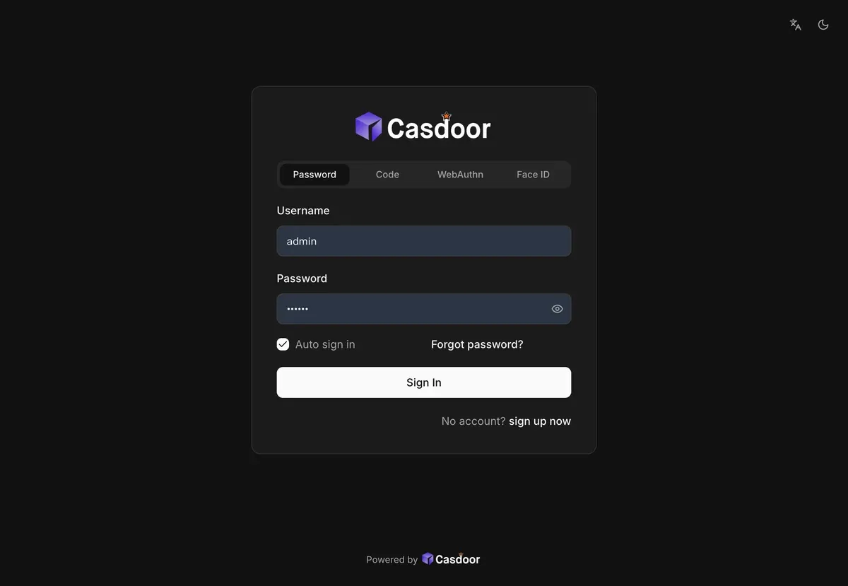 Casdoor 登录页：用户名密码、验证码、WebAuthn、Face ID 多种方式
