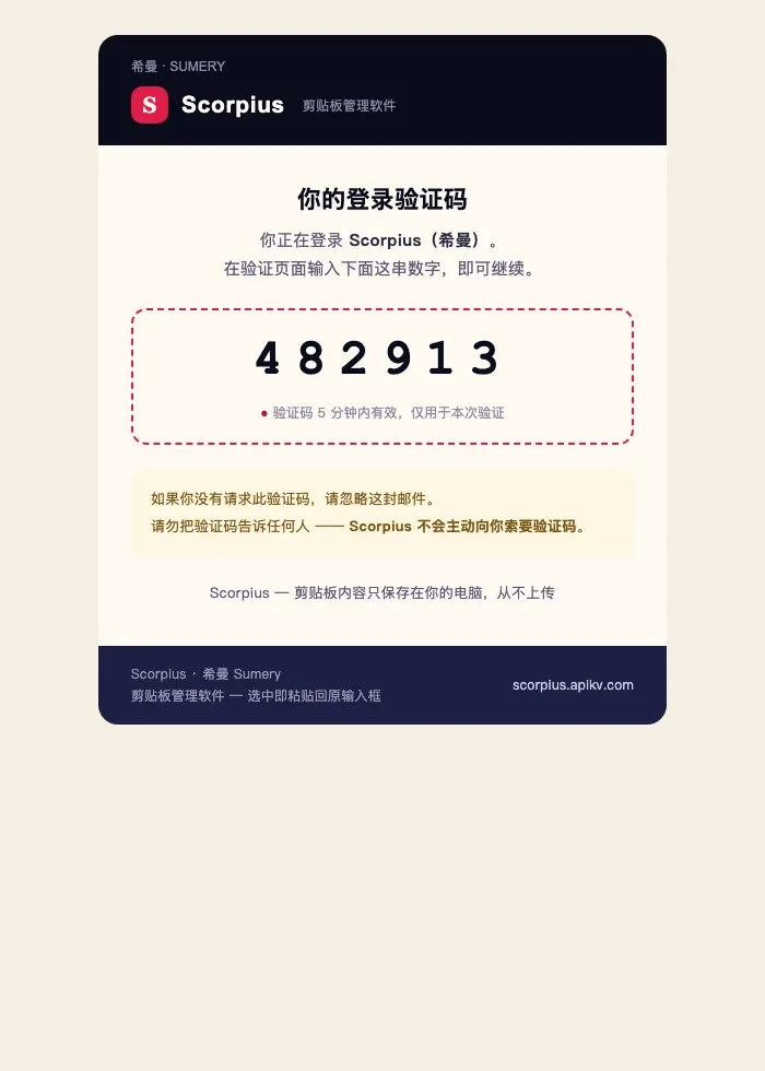 重写后的验证码邮件:品牌顶栏、大字号验证码、安全提示